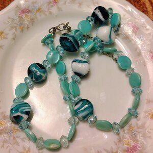 Vtg Lampwork Pressed Art Glass Necklace Aqua Blue Beauty Extender